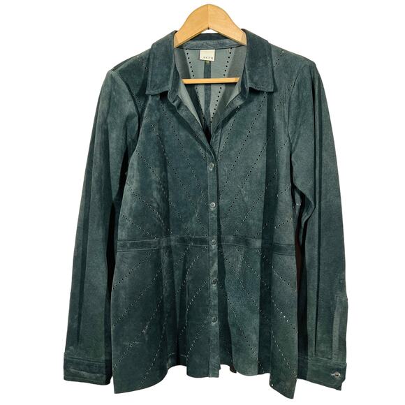 Ecru Hand Tooled Suede Shacket Button Up Top Shirt Long Sleeve Black - L - Picture 1 of 7